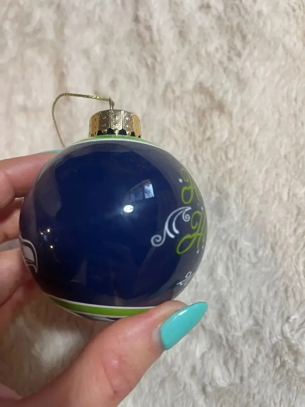 Seattle Seahawks Navy & Lime 'Happy Holidays' 2018 Ornament